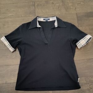 Burberry Women's Black Tee with Plaid Trim